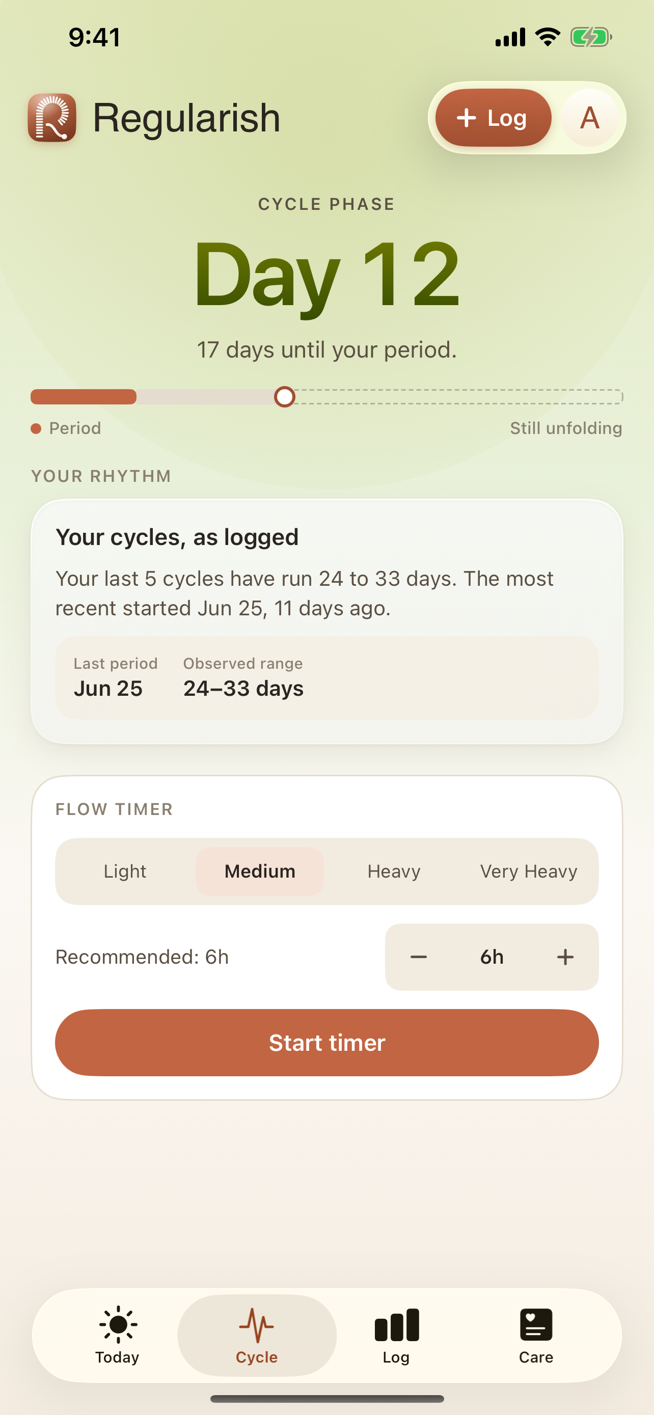 Cycle view showing Day 12, days until next period based on your own logged cycle range, and flow timer