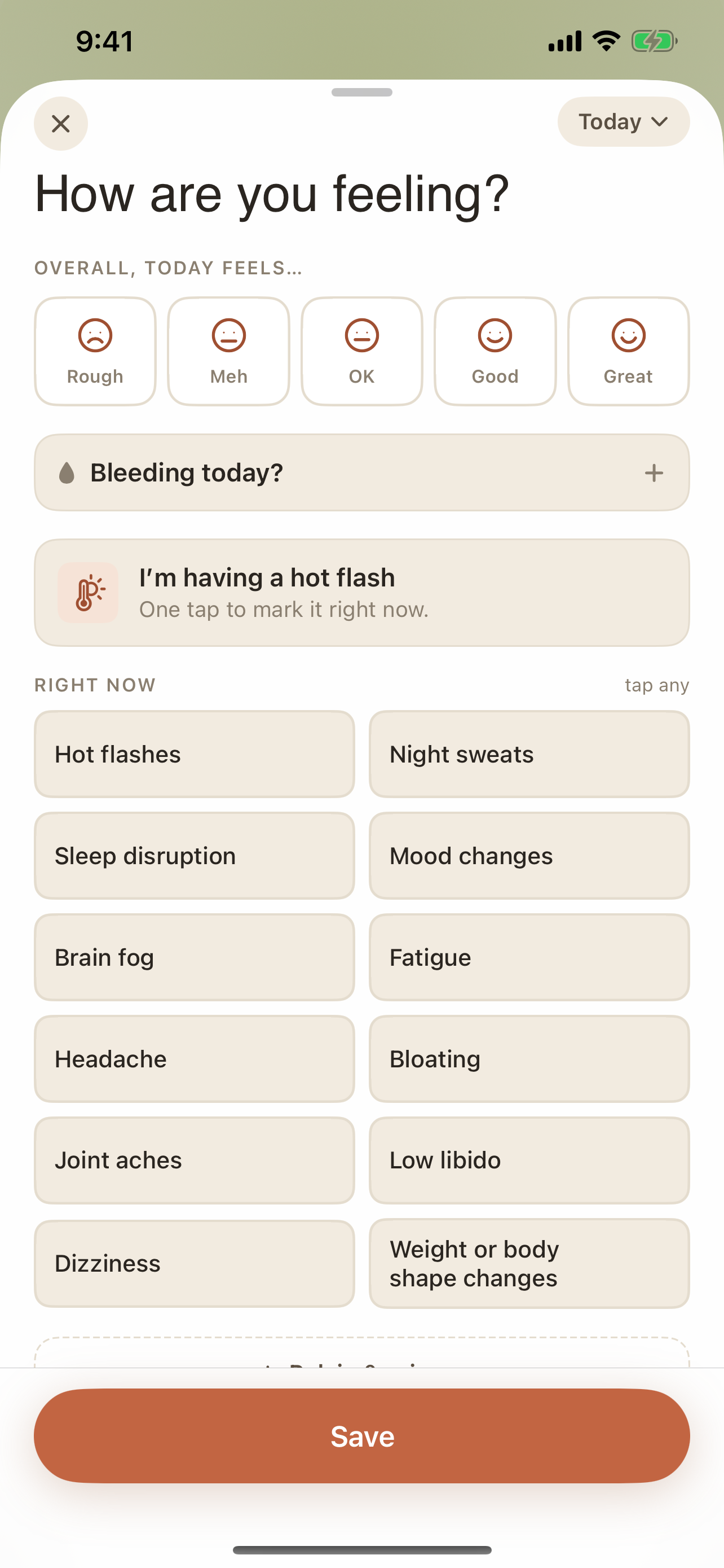Regularish quick log screen showing symptom options including hot flashes, night sweats, and brain fog