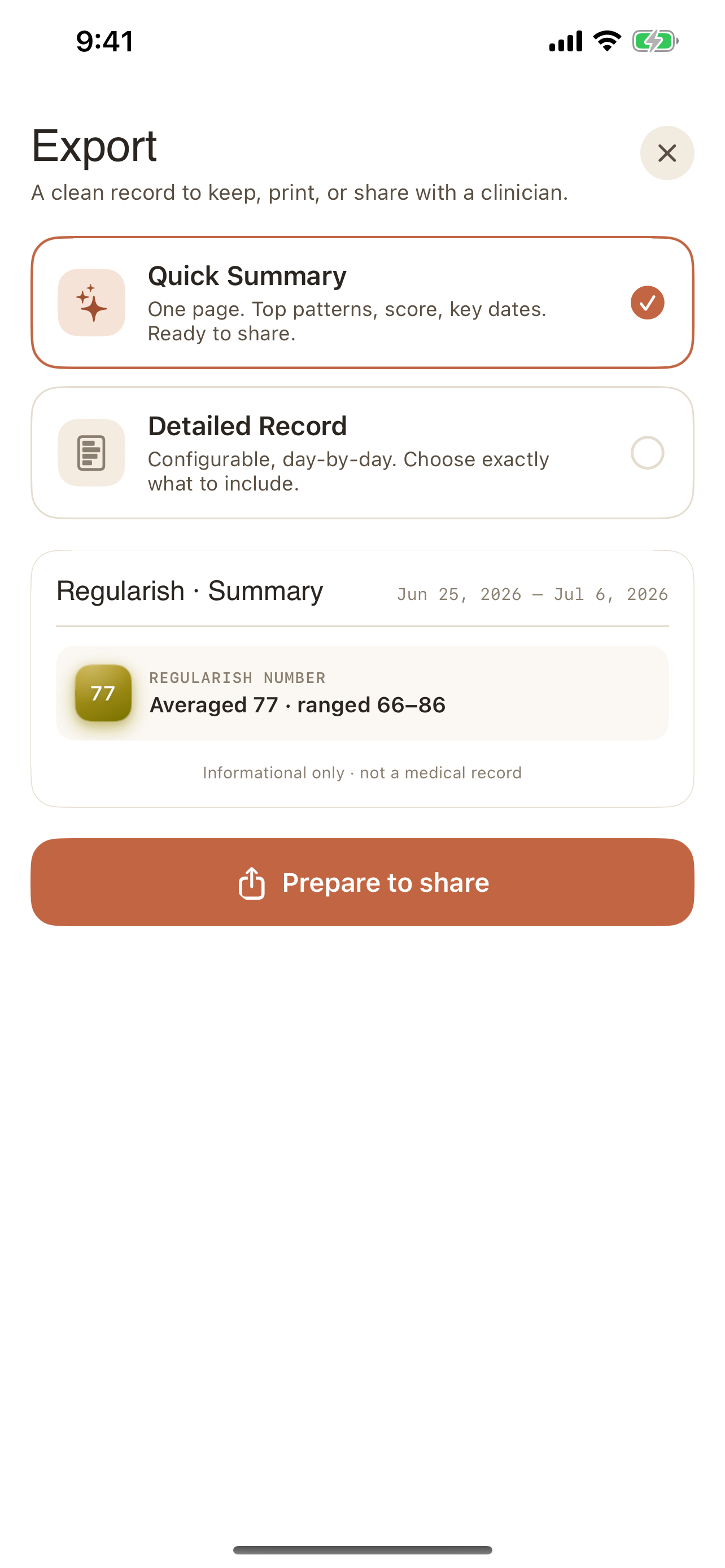 Export screen showing a shareable Regularish Number summary and symptom history, ready to prepare for a doctor's appointment
